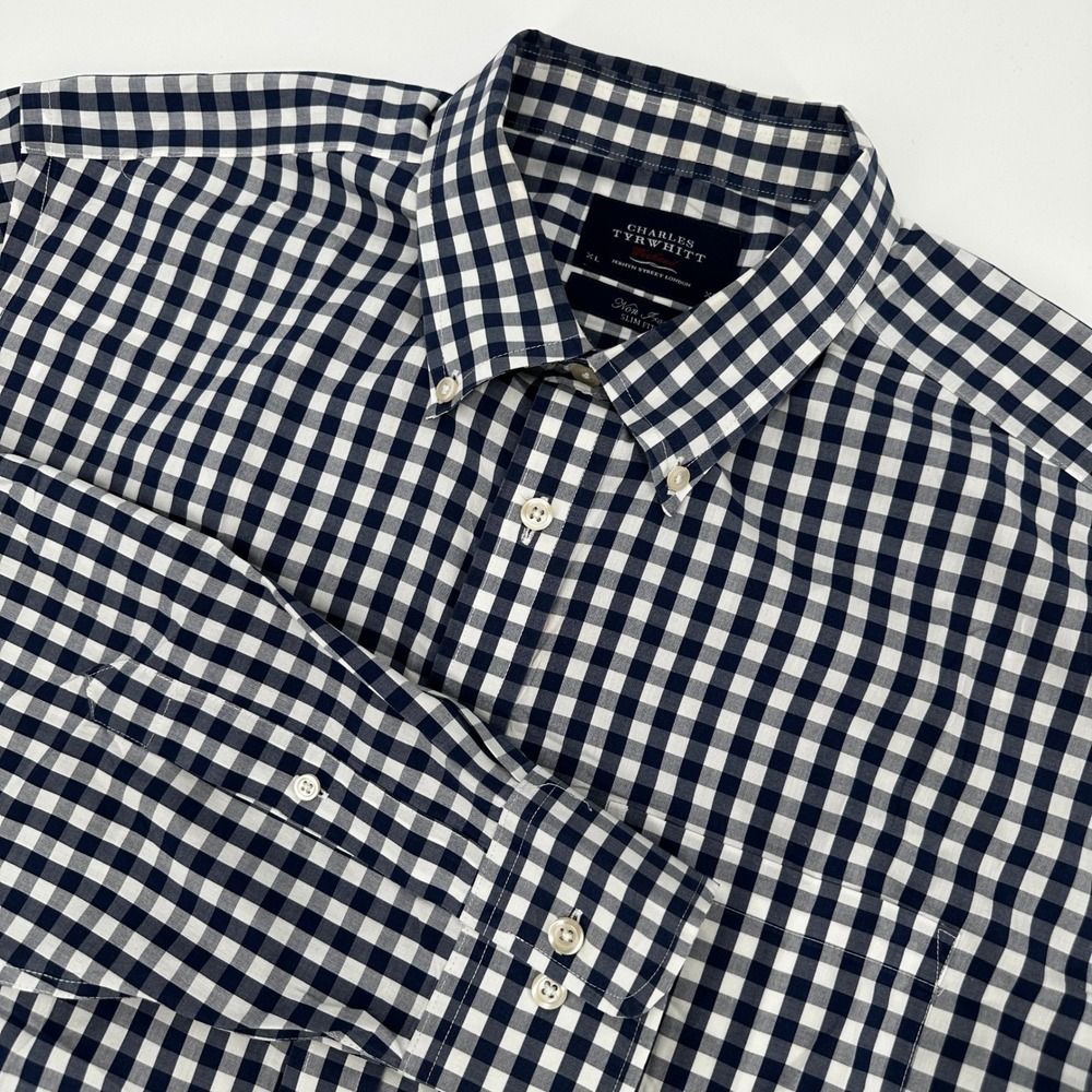 Charles Tyrwhitt‎ Weekend Slim Fit Non Iron Navy Gingham Shirt Mens XL Hamptons